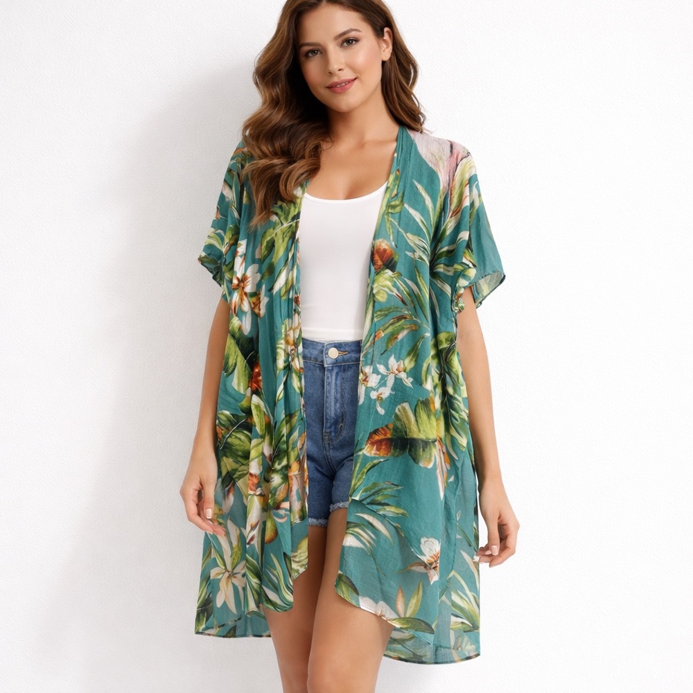 Vince Camuto  Tropical Print Open Front Kimono Cover-Up Green Teal One Size